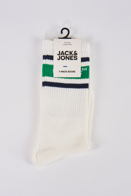 Chaussettes blanches d'ACCESSORIES BY JACK & JONES, avec des rayures vertes et bleues et une texture tricotée rib.