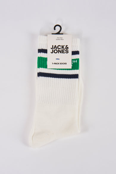 Chaussettes blanches d'ACCESSORIES BY JACK & JONES, avec des rayures vertes et bleues et une texture tricotée rib.