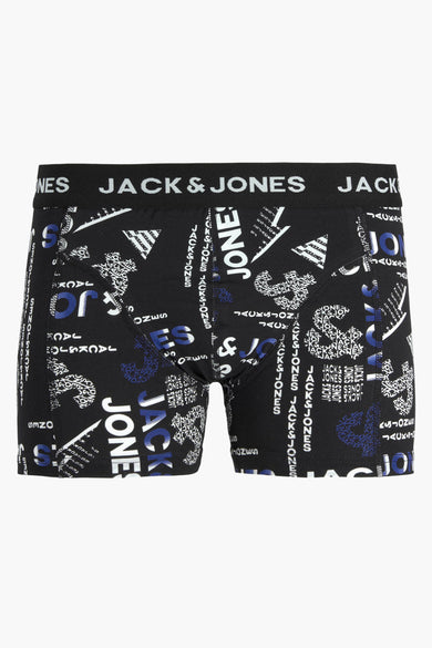 Shorts de boxeur noirs d'ACCESSORIES BY JACK & JONES, avec un motif de logo de marque bleu et blanc.