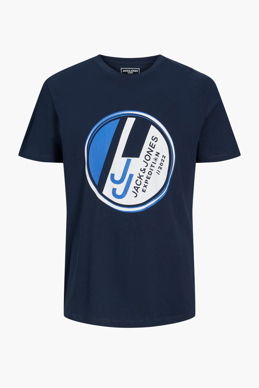 T-shirt bleu de CORE by JACK & JONES, avec une impression ronde sur la poitrine.