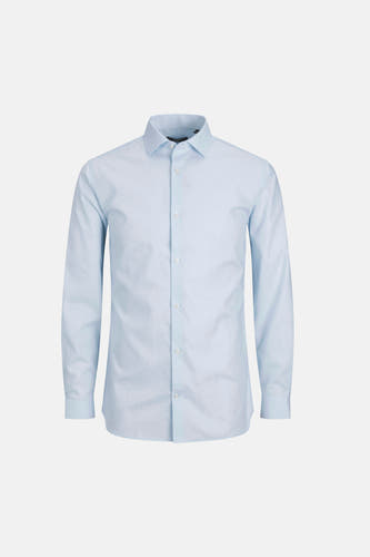 Lichtblauw lange mouwen overhemd van PREMIUM by JACK & JONES, klassiek model met witte knopen, front view