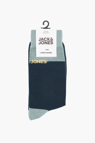 Chaussettes bleues d'ACCESSORIES BY JACK & JONES, avec un panneau de couleur et le nom de la marque en lettres dorées.