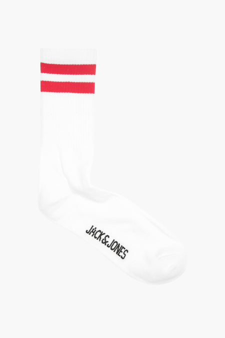 Witte sokken van ACCESSORIES BY JACK & JONES, met twee rode strepen en logo op de voet.
