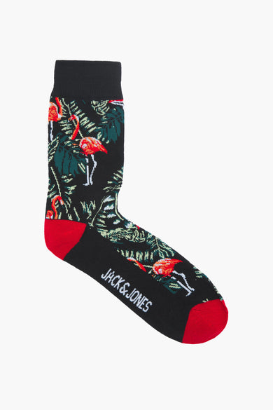 Chaussettes en coton noir de Jack & Jones avec un motif de feuilles vertes et de flamants roses.