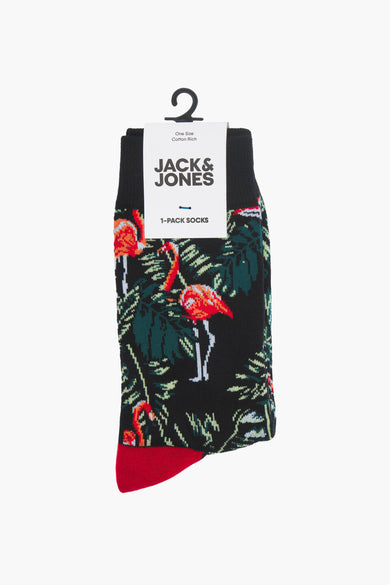 Zwarte katoenen sokken van Jack & Jones met een patroon van groene bladeren en rode flamingo's.