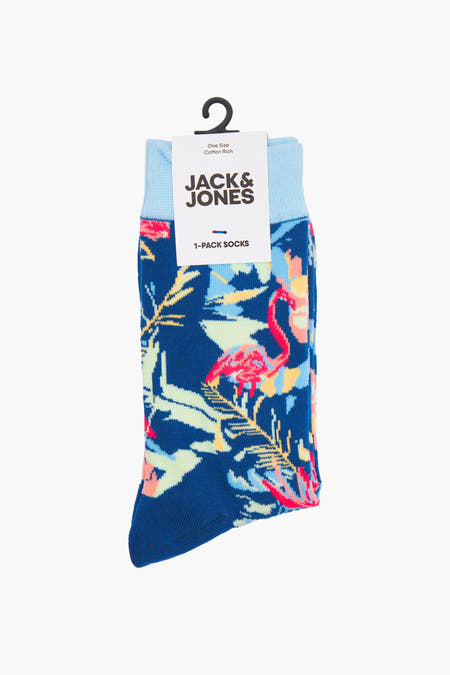 Chaussettes bleues d'ACCESSORIES BY JACK & JONES avec imprimé flamant rose et feuilles tropicales.
