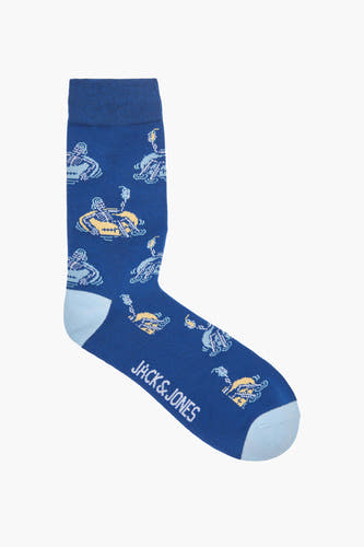 Blauwe sokken van ACCESSORIES BY JACK & JONES met een all-over print van kleine figuren en lichtblauwe teen en hiel.
