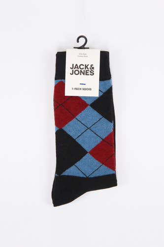 Chaussettes noires en coton d'ACCESSORIES BY JACK & JONES, avec un motif à carreaux en bleu et rouge.