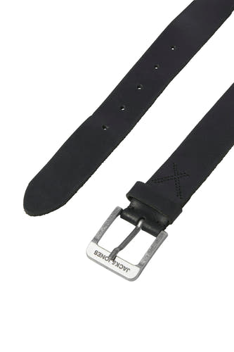 Ceinture noire d'ACCESSORIES BY JACK & JONES, avec boucle en argent et perforations.