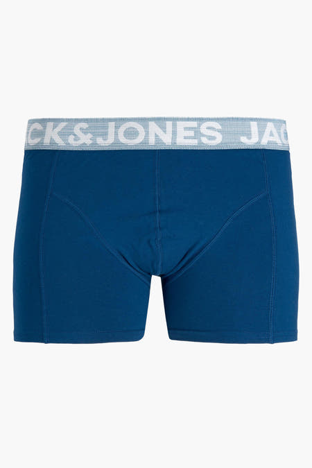 Boxers bleus de ACCESSORIES BY JACK & JONES avec logo blanc sur la ceinture élastique, vue de face