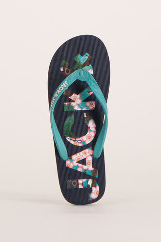 Chaussons bleus d'ACCESSORIES BY JACK & JONES avec une impression florale graphique sur la semelle et des bandes bleues.