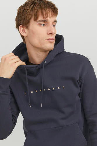 Pull-over bleu avec capuche d'ORIGINALS BY JACK & JONES, avec des cordons de serrage et un logo au milieu.
