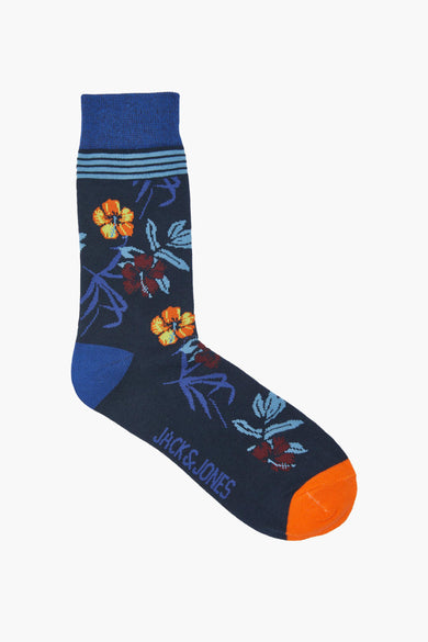 Chaussettes bleues d'ACCESSORIES BY JACK & JONES, imprimé fleuri orange, rouge et bleu.