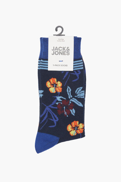 Blauwe sokken van ACCESSORIES BY JACK & JONES, met bloemenprint in oranje, rood en blauw.