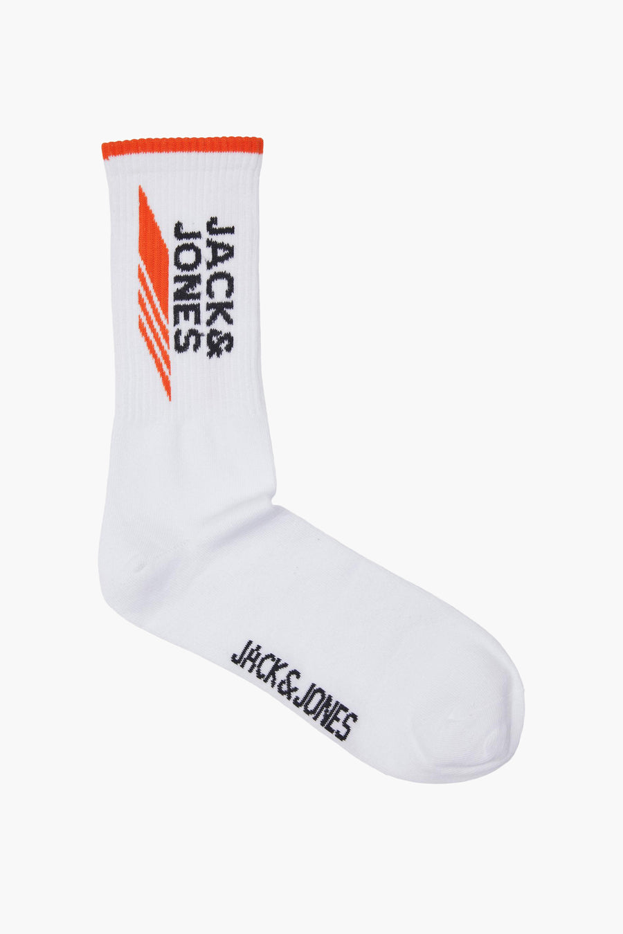Chaussettes blanches avec bord côtelé orange de JACK & JONES, avec rayures et logo de la marque sur le côté.