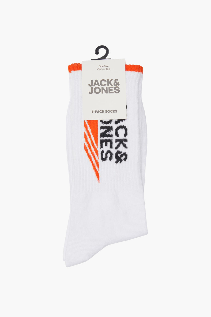 Witte sokken met oranje geribbelde boord van JACK & JONES, met strepen en merklogo op de zijkant.