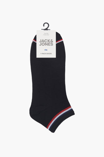Zwarte sokken van ACCESSORIES BY JACK & JONES, met rode en witte strepen aan de boven- en onderkant.