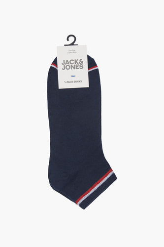 Blauwe sokken van ACCESSORIES BY JACK & JONES, met rood-witte strepen aan de bovenkant en de zool.