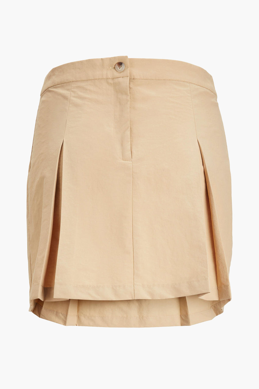 Jupe courte beige de JJXX, avec des plis et une fermeture à glissière à l'avant.