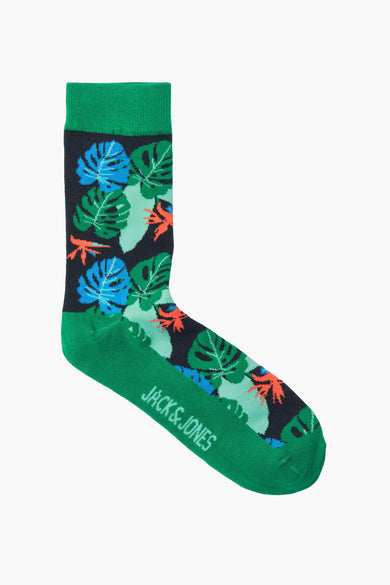 Chaussettes vertes d'ACCESSORIES BY JACK & JONES, avec un motif de feuilles bleu et orange.