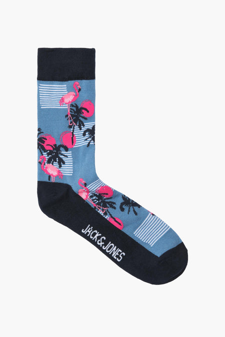 Blauw sok met flamingo's en palmbomen.