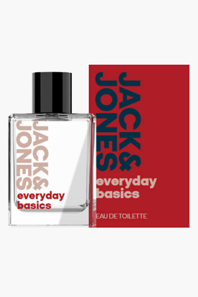 Parfum rouge d'ACCESSORIES BY JACK & JONES, avec emballage assorti, forme rectangulaire et bouchon noir.