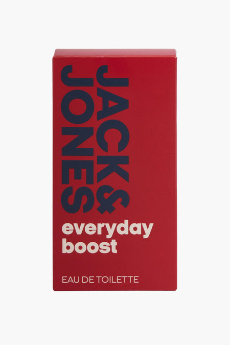 Parfum rouge d'ACCESSORIES BY JACK & JONES, avec le nom de la marque en bleu et des détails blancs.