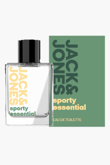 Parfum vert d'ACCESSORIES BY JACK & JONES, à côté d'une bouteille en verre avec un bouchon noir.