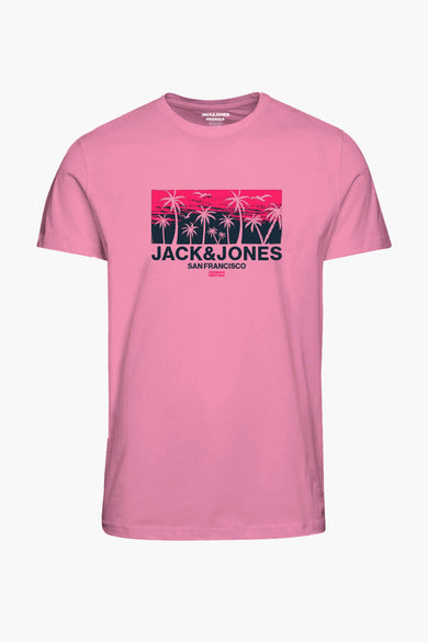 T-shirt rose à manches courtes ORIGINALS BY JACK & JONES avec motif de palmier et logo sur la poitrine, vue de face