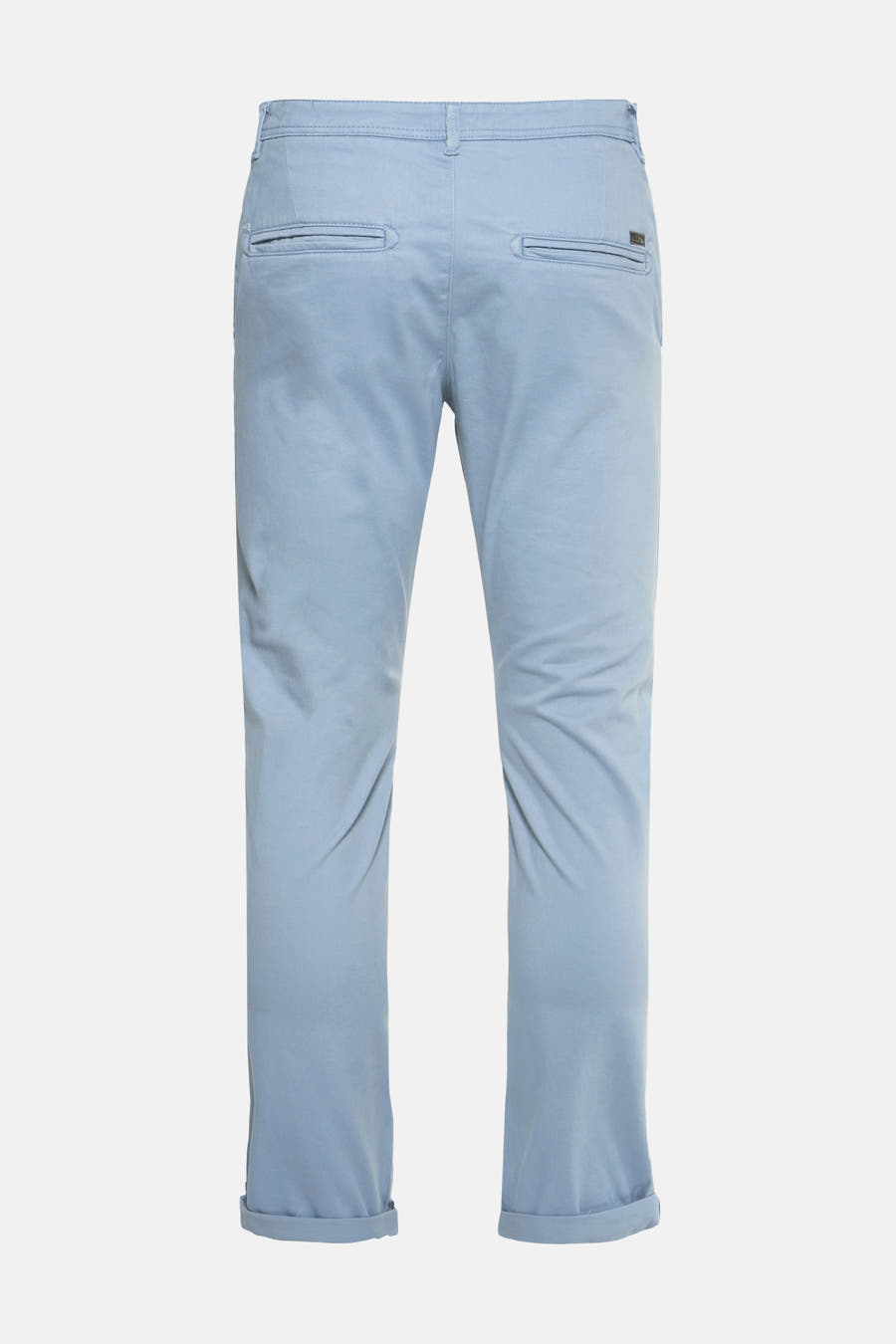 Jean chino bleu de JACK & JONES JEANS INTELLIGENCE, vu de l'arrière avec des poches et des jambes relevées.