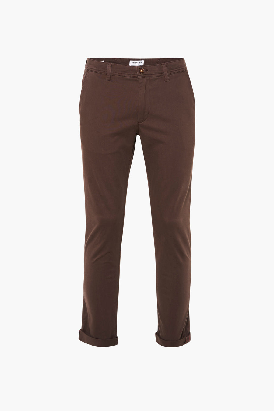 Chino marron de JACK & JONES JEANS INTELLIGENCE, avec des ourlets de pantalon retournés sur un fond blanc.