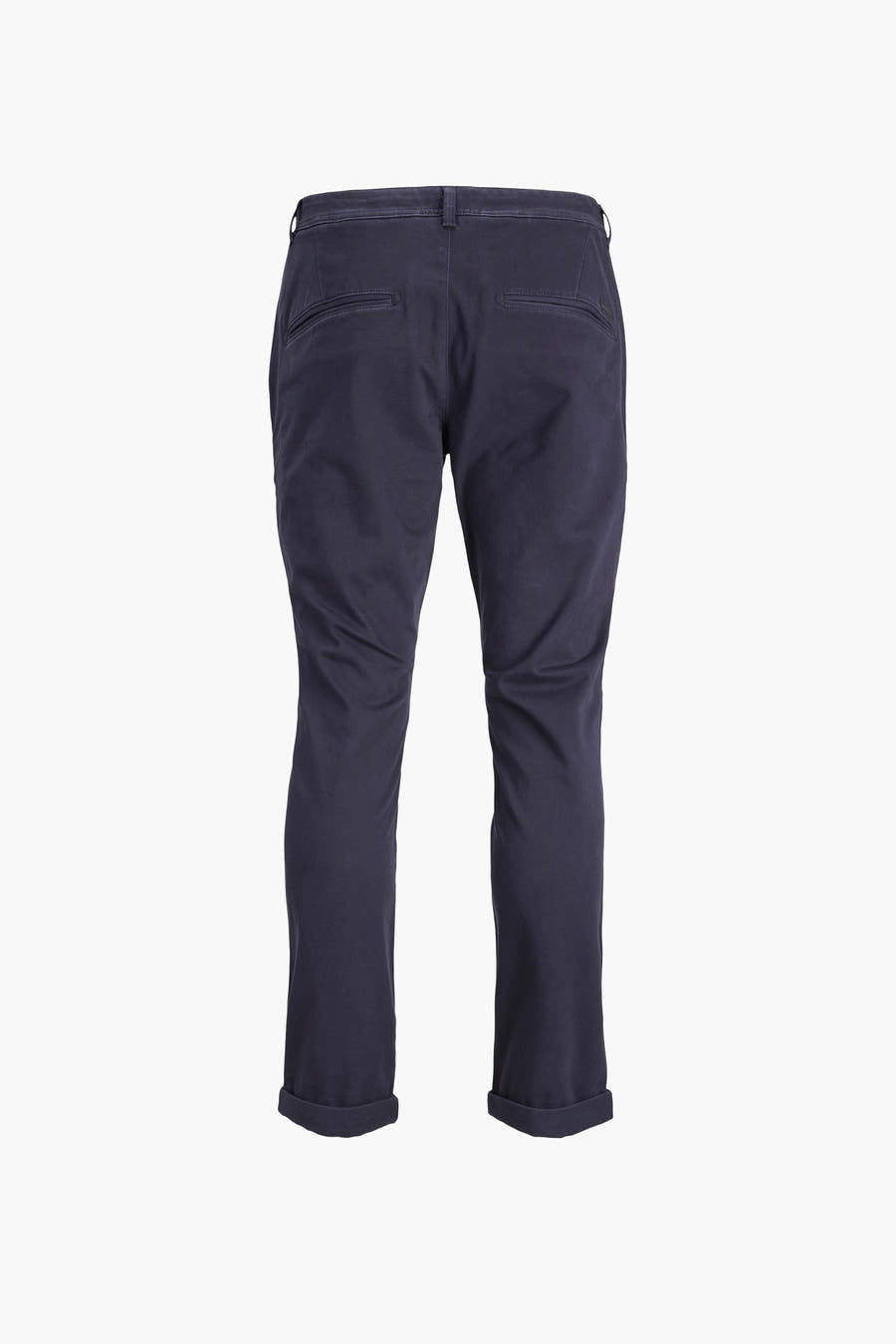 Pantalon chino bleu de JACK & JONES JEANS INTELLIGENCE, vue arrière, avec poches à rabat et ourlets relevés.