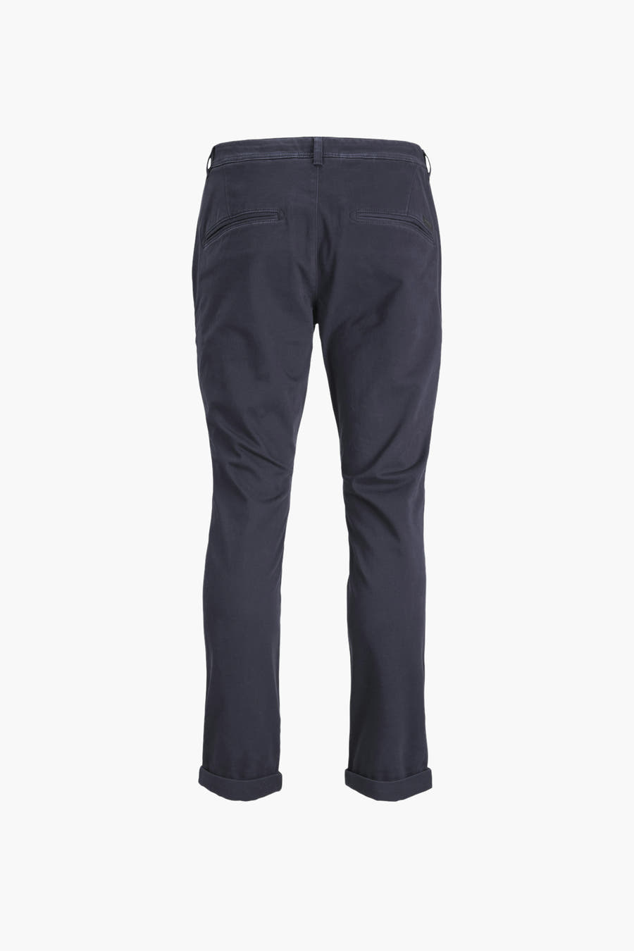 Pantalon chino bleu de JACK & JONES JEANS INTELLIGENCE, vue arrière avec poches et ourlets de pantalon roulés.
