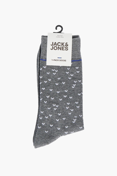 Chaussettes grises d'ACCESSORIES BY JACK & JONES, avec des motifs en forme de V blancs et une bande bleue.