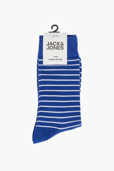 Chaussettes bleues d'ACCESSORIES BY JACK & JONES, avec des rayures blanches horizontales et un bord côtelé.