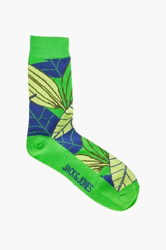 Chaussettes vertes d'ACCESSORIES BY JACK & JONES, avec un motif de feuilles frappant en bleu et jaune.