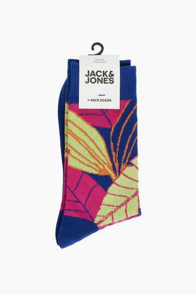Blauwe sokken van ACCESSORIES BY JACK & JONES met een opvallend bladmotief in roze, groen en oranje.