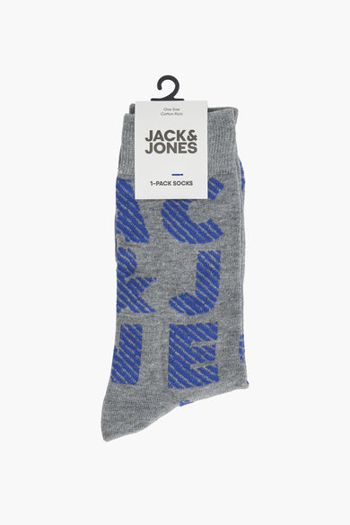 Grijs Jack & Jones sok met blauwe letters en hanger.