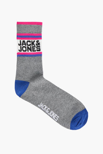 Chaussettes grises d'ACCESSORIES BY JACK & JONES, avec des rayures roses, bleues et blanches et une pointe bleue.