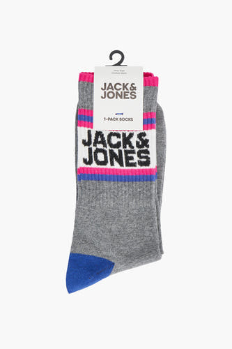 Grijze sokken van ACCESSORIES BY JACK & JONES, met roze, blauwe en witte strepen en een blauwe teen.