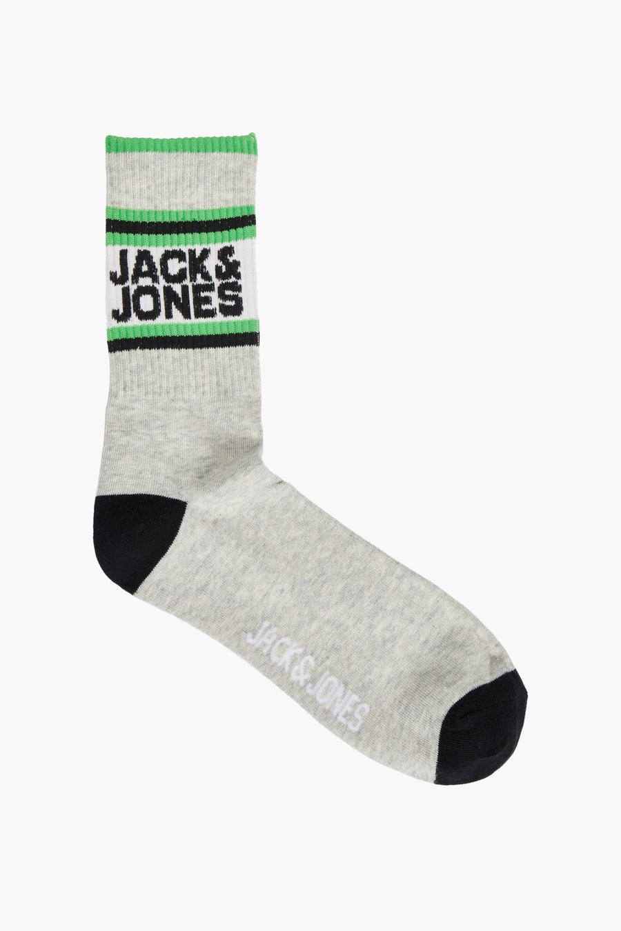 Grijze sok met groene strepen en "JACK & JONES" logo.
