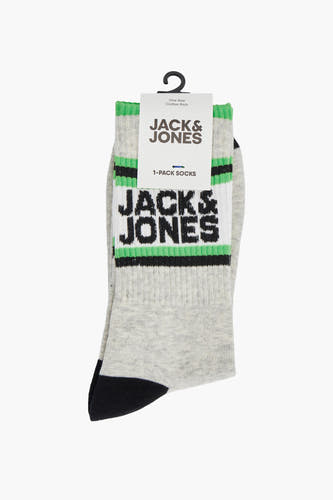 Grijze sokken van ACCESSORIES BY JACK & JONES, met zwarte en groene strepen en merklogo.
