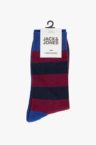 Blauw gestreepte sokken van ACCESSORIES BY JACK & JONES, met blauwe teen en hiel, aan een hanger.
