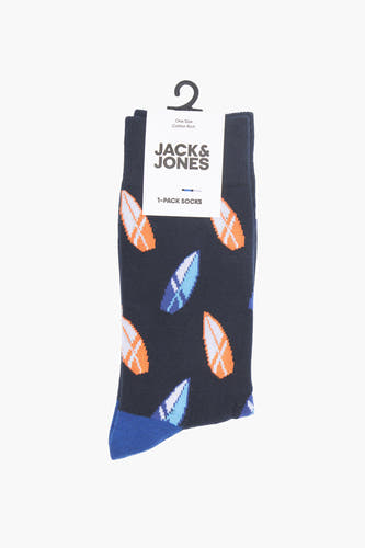 Blauwe sokken van ACCESSORIES BY JACK & JONES met een patroon van surfplanken in oranje en blauw.