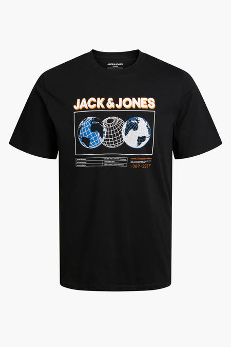 T-shirt noir à manches courtes de CORE BY JACK & JONES, avec une impression graphique de la Terre.