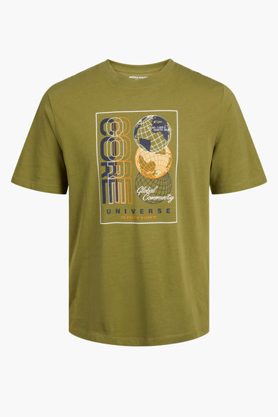 T-shirt à manches courtes vert olive de CORE BY JACK & JONES avec impression graphique de globes terrestres et texte, vue de face