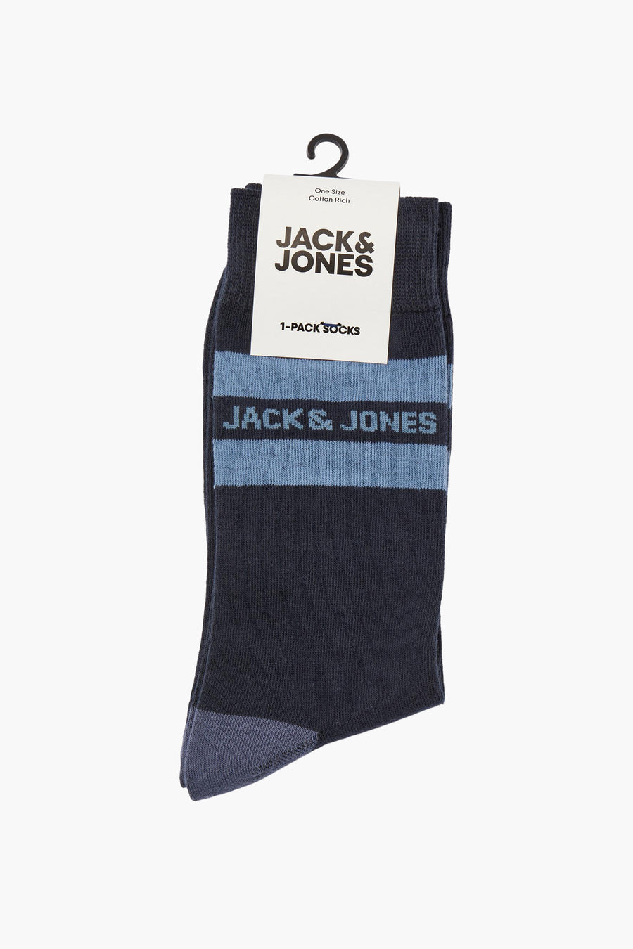 Donkerblauwe Jack & Jones sokken met strepen en logo aan een hanger.