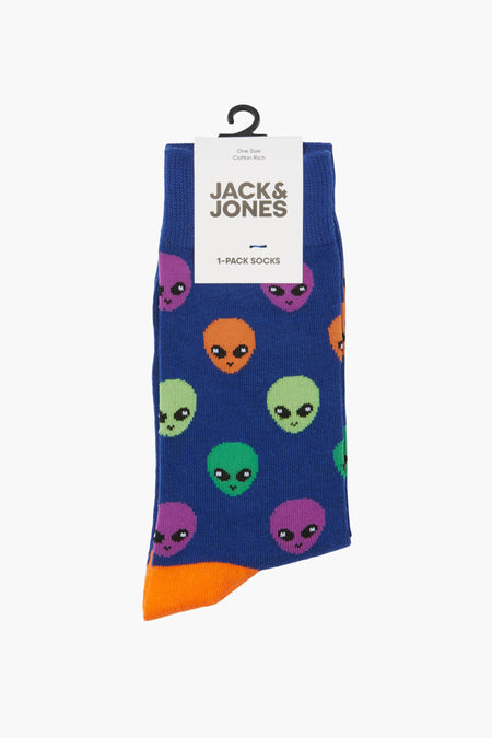 Blauwe Jack & Jones sokken met oranje teen en kleurrijke alien print.
