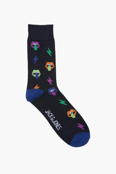 Chaussettes bleues d'ACCESSORIES BY JACK & JONES avec des bords colorés et des motifs en zigzag.