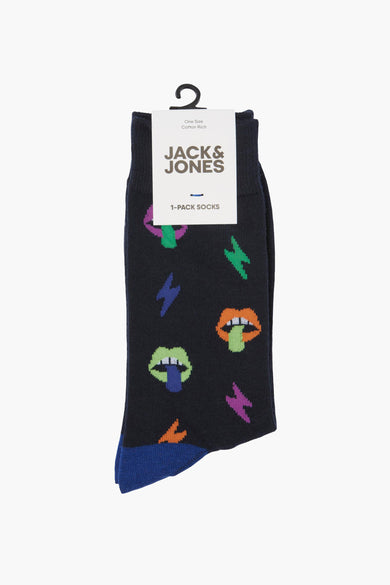 Blauwe sokken van ACCESSORIES BY JACK & JONES met kleurrijke monden en bliksemschichten.